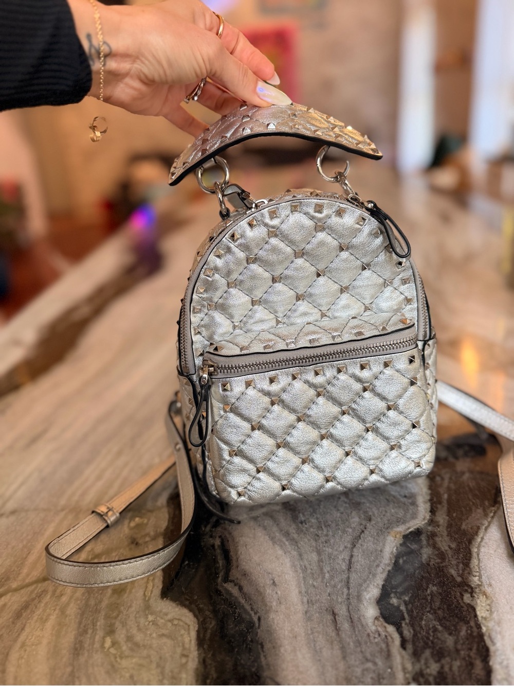 Valentino Garavani Metallic Quilted Mini Backpack in Silver